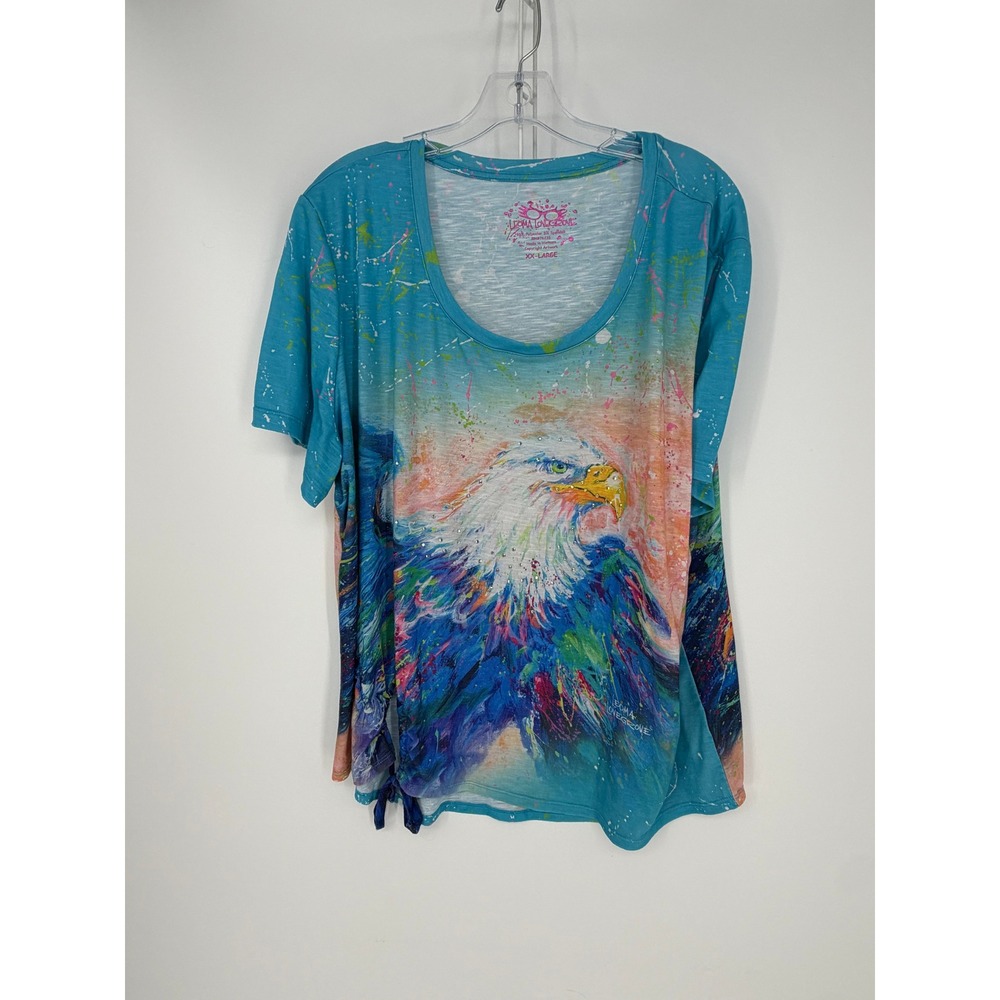Leoma Lovegrove T-Shirt Womens XXL Blue Eagle Rhinestone Art Americana Tee Artsy
